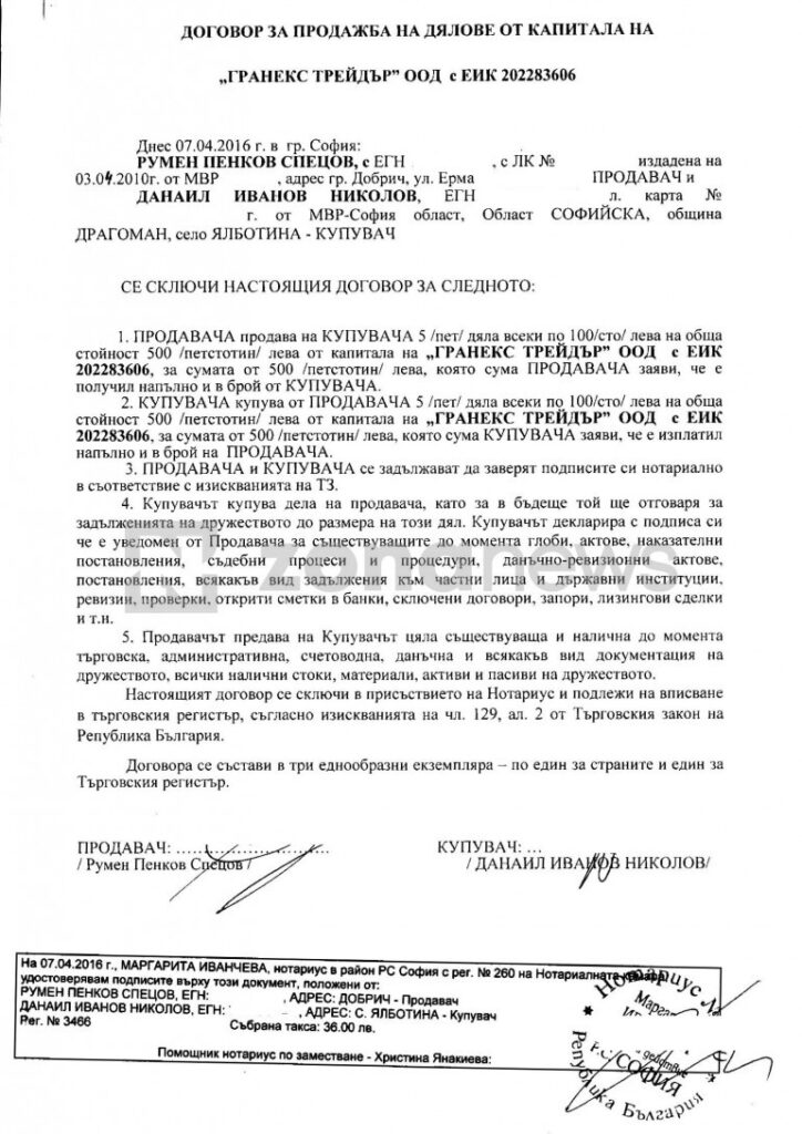 Публикуваха договора за прехвърляне на фирмата на Спецови на Данаил Николов Топ10
