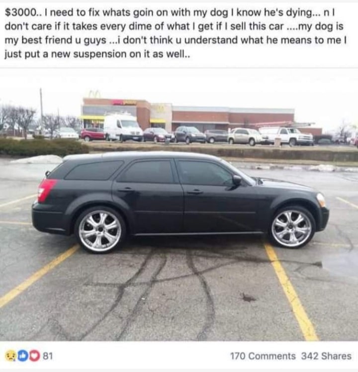 Млад мъж обявява колата за продан, за да лекува болното си куче, но не очаква такава реакция от хората